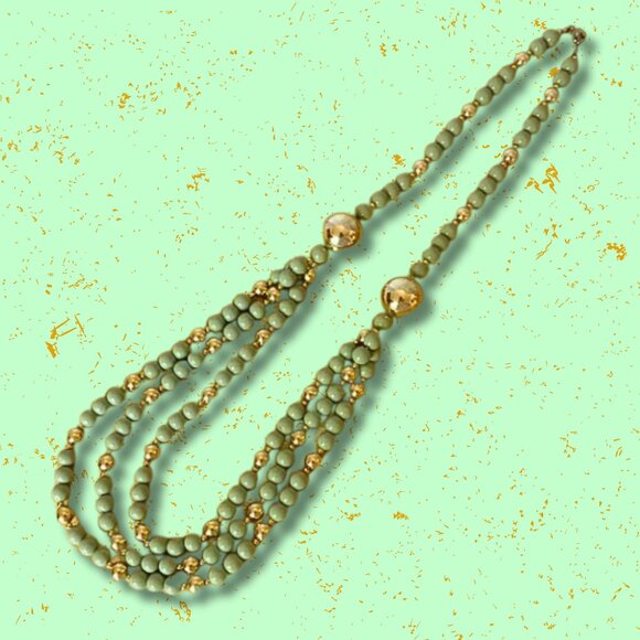 Jewelry - Green and Gold Tone Multilayered Beaded Necklace